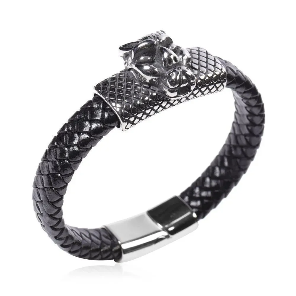 Leopard Bracelet Braided Leather Stainless Steel